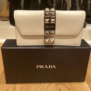 Unused Prada Mini bandoliera white leather crossbody or clutch handbag
